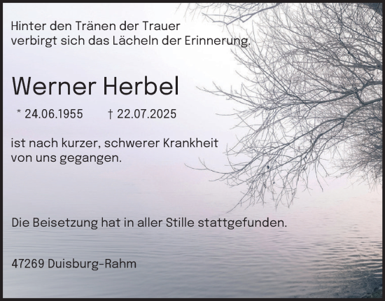 Traueranzeige von Werner Herbel von Tageszeitung