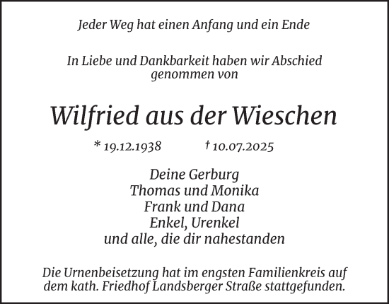 Traueranzeige von Wilfried aus der Wieschen von Tageszeitung