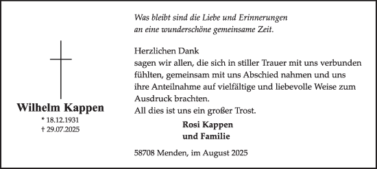 Traueranzeige von Wilhelm Kappen von Tageszeitung
