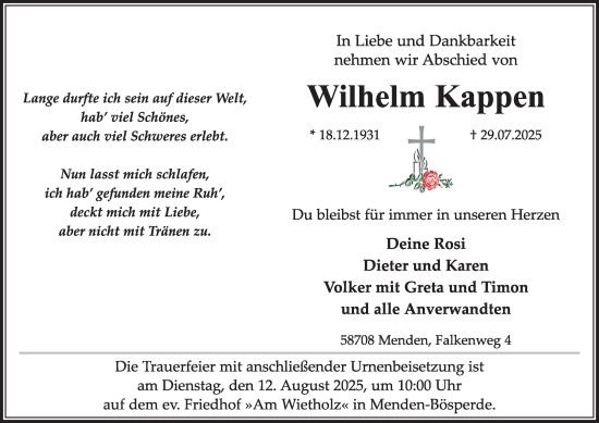 Traueranzeige von Wilhelm Kappen von Tageszeitung