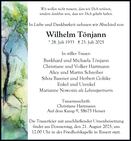 Traueranzeige von Wilhelm Tönjann von Tageszeitung