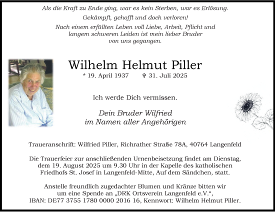 Traueranzeige von Wilhelm Helmut Piller von Tageszeitung