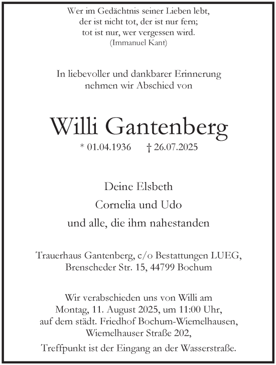 Traueranzeige von Willi Gantenberg von Tageszeitung