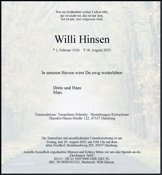 Traueranzeige von Willi Hinsen von Tageszeitung