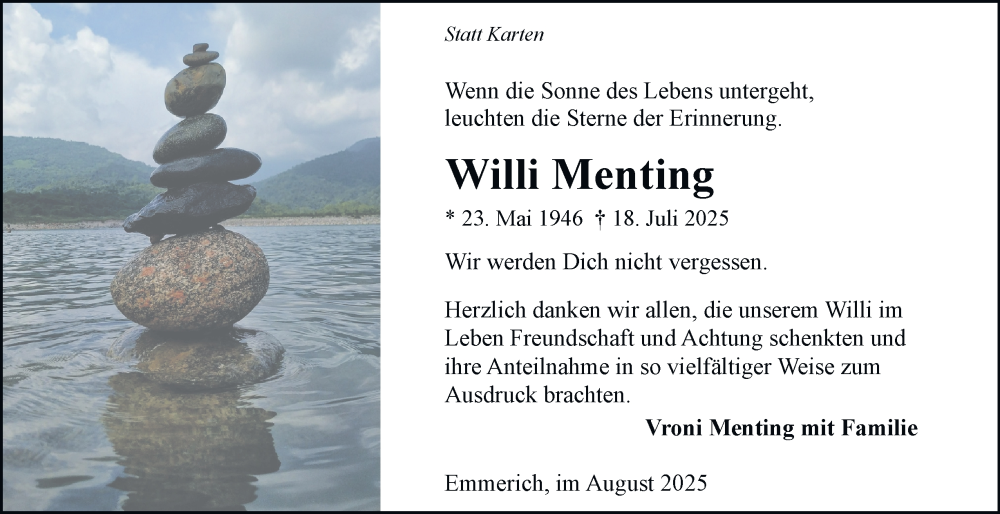  Traueranzeige für Willi Menting vom 23.08.2025 aus Tageszeitung