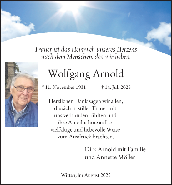Traueranzeige von Wolfgang Arnold von Tageszeitung