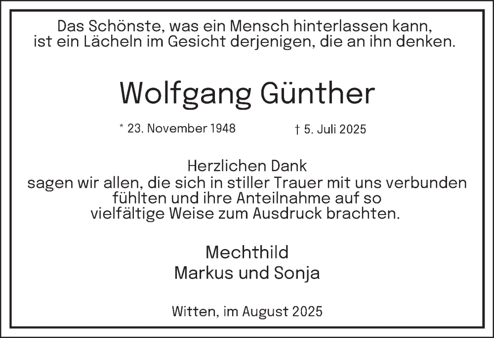  Traueranzeige für Wolfgang Günther vom 09.08.2025 aus Tageszeitung