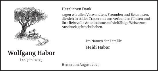 Traueranzeige von Wolfgang Habor von Tageszeitung