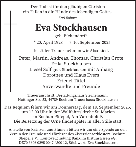 Traueranzeige von Eva Stockhausen von Tageszeitung