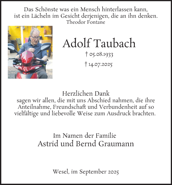 Traueranzeige von Adolf Taubach von Tageszeitung