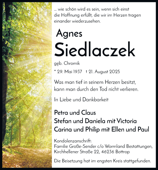 Traueranzeige von Agnes Siedlaczek von Tageszeitung