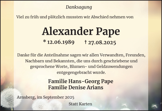 Traueranzeige von Alexander Pape von Tageszeitung