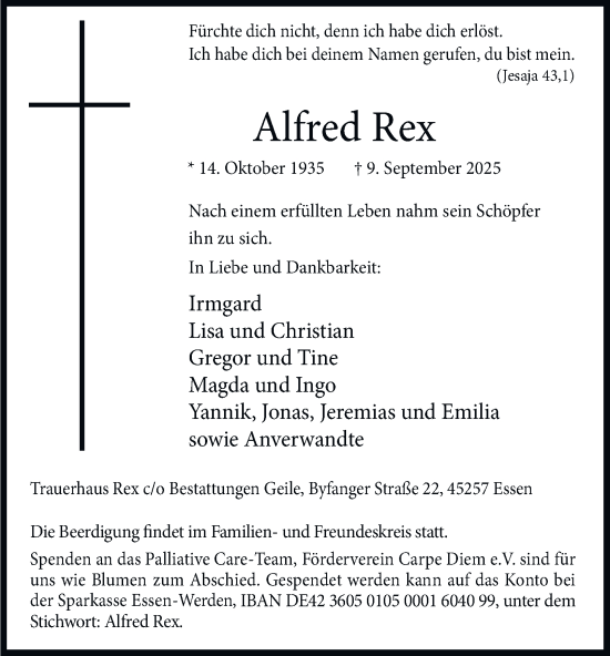 Traueranzeige von Alfred Rex von Tageszeitung