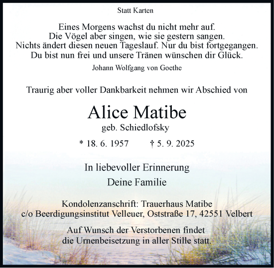 Traueranzeige von Alice Matibe von Tageszeitung