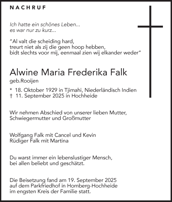 Traueranzeige von Alwine Maria Frederika Falk von Tageszeitung