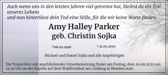 Traueranzeige von Amy Halley Parker von Tageszeitung