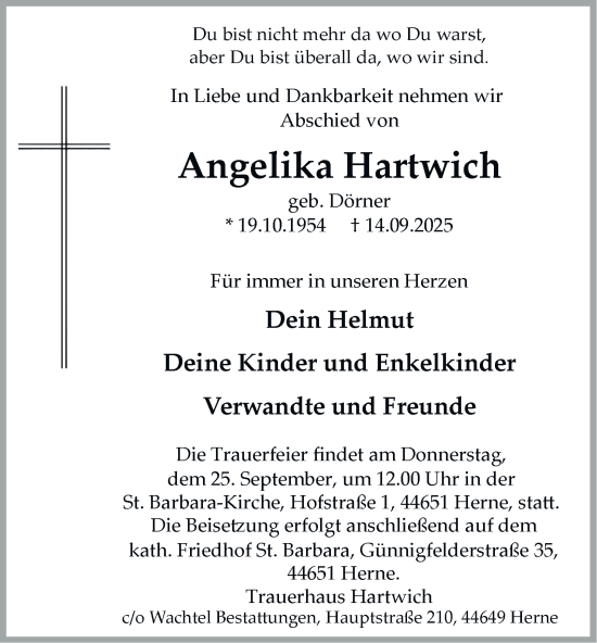 Traueranzeige von Angelika Hartwich von Tageszeitung