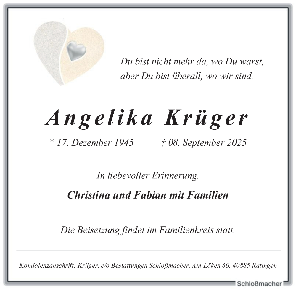 Traueranzeige für Angelika Krüger vom 20.09.2025 aus Tageszeitung