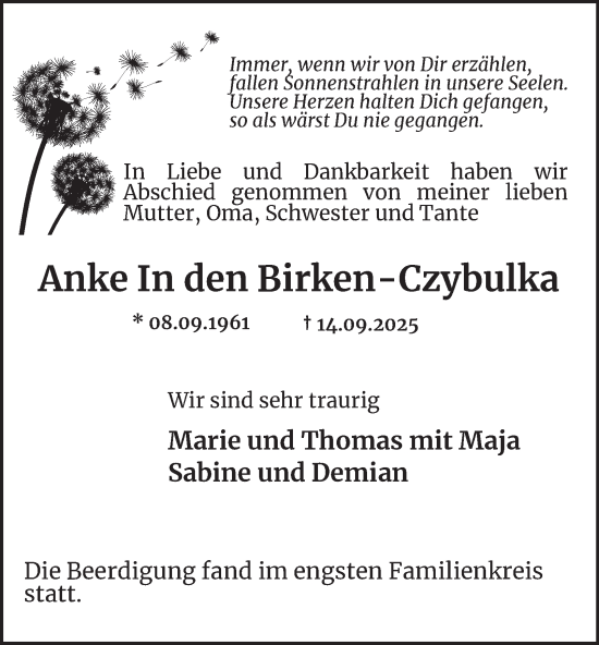 Traueranzeige von Anke In den Birken-Czybulka von Tageszeitung