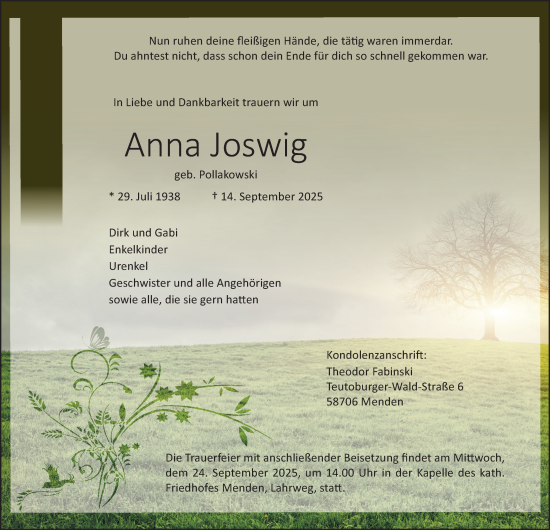 Traueranzeige von Anna Joswig von Tageszeitung
