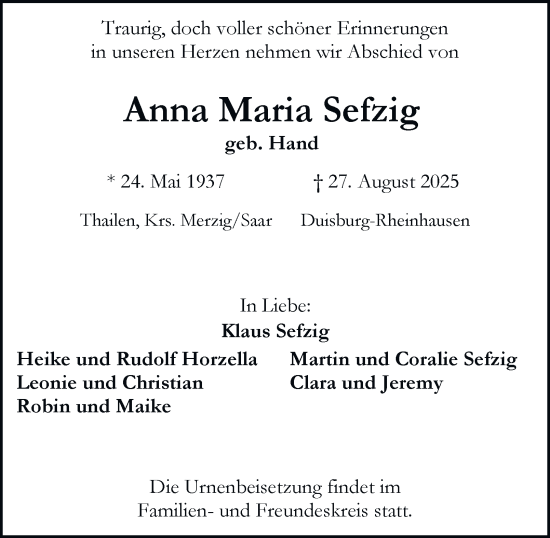 Traueranzeige von Anna Maria Sefzig von Tageszeitung
