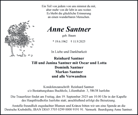 Traueranzeige von Anne Santner von Tageszeitung
