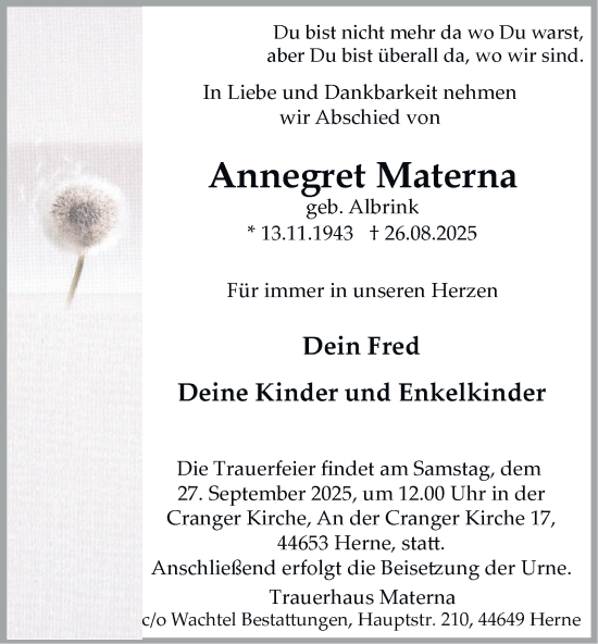 Traueranzeige von Annegret Materna von Tageszeitung