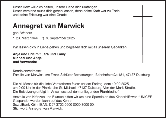 Traueranzeige von Annegret van Marwick von Tageszeitung