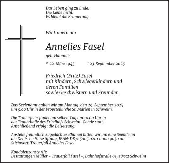 Traueranzeige von Annelies Fasel von Tageszeitung