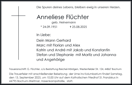 Traueranzeige von Anneliese Flüchter von Tageszeitung