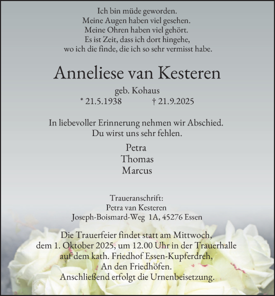 Traueranzeige von Anneliese van Kesteren von Tageszeitung