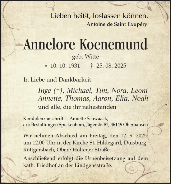 Traueranzeige von Annelore Koenemund von Tageszeitung