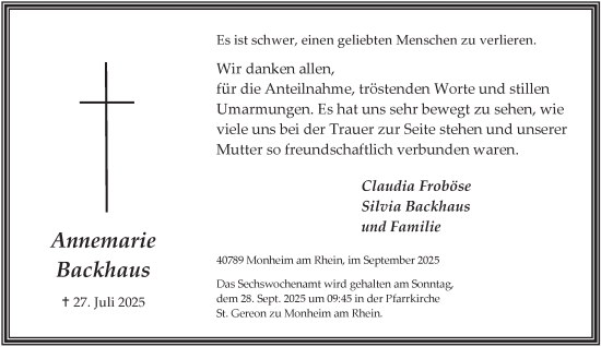 Traueranzeige von Annemarie Backhaus von Tageszeitung