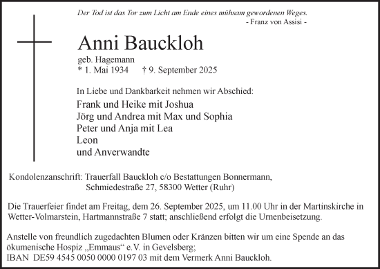 Traueranzeige von Anni Bauckloh von Tageszeitung