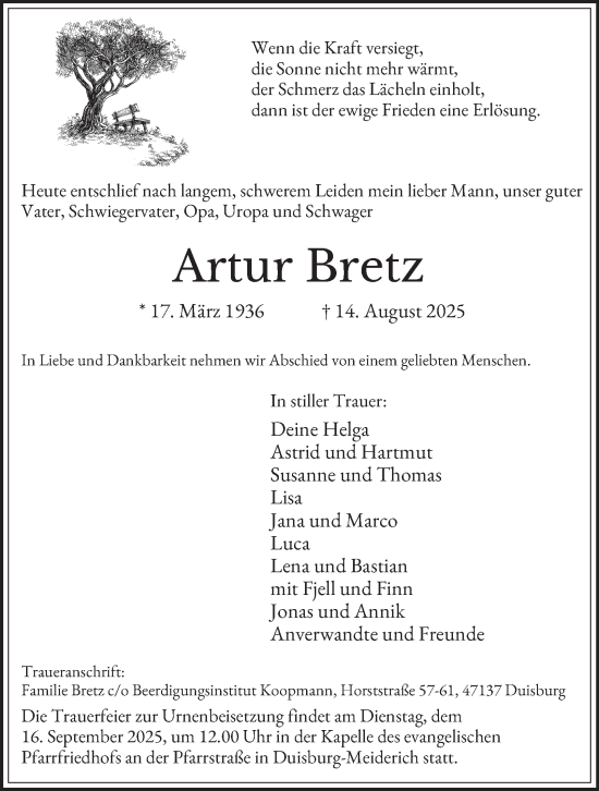 Traueranzeige von Artur Bretz von Tageszeitung