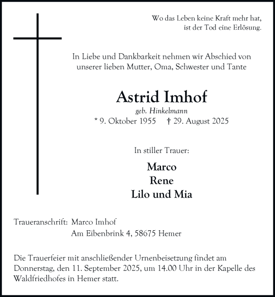 Traueranzeige von Astrid Imhof von Tageszeitung