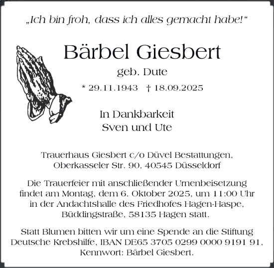 Traueranzeige von Bärbel Giesbert von Tageszeitung