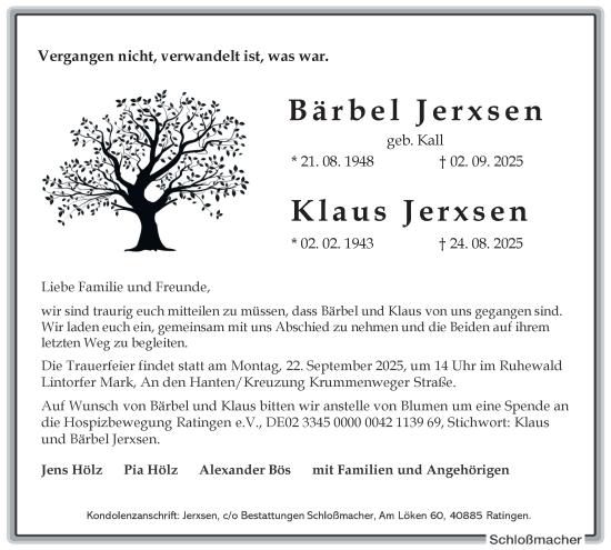 Traueranzeige von Bärbel und Klaus Jerxsen von Tageszeitung