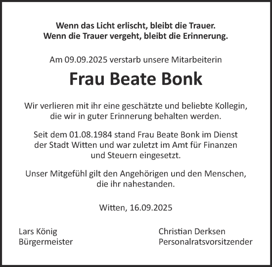 Traueranzeige von Beate Bonk von Tageszeitung
