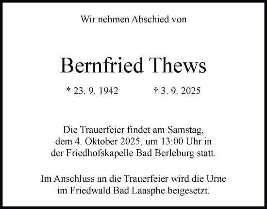 Traueranzeige von Bernfried Thews von Tageszeitung