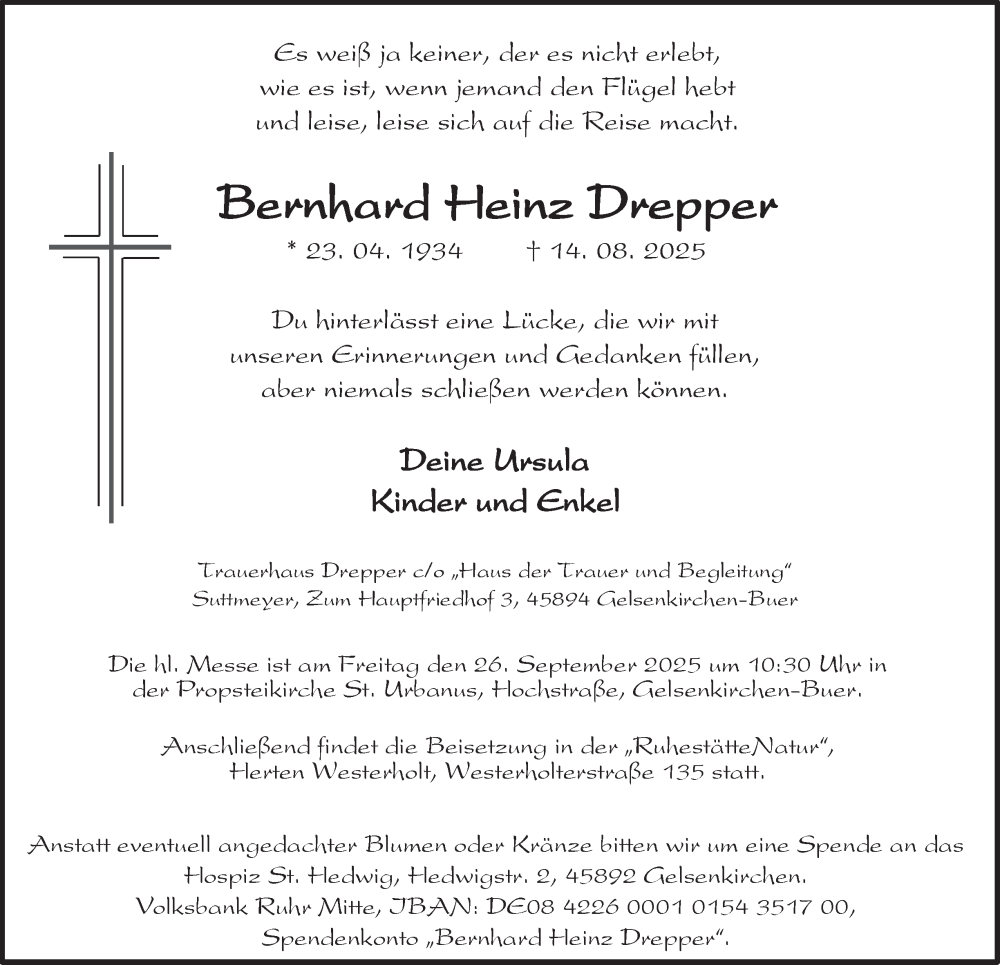  Traueranzeige für Bernhard Heinz Drepper vom 20.09.2025 aus Tageszeitung