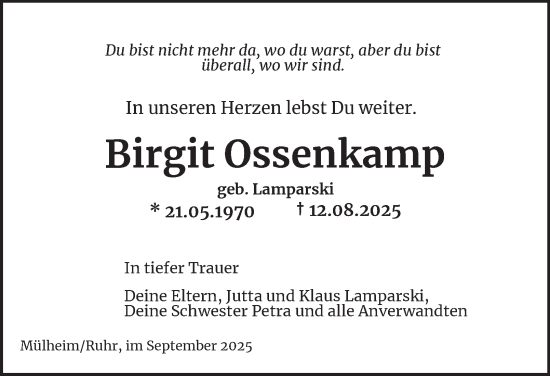 Traueranzeige von Birgit Ossenkamp von Tageszeitung