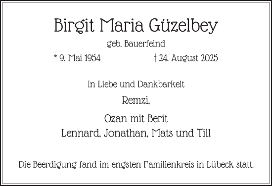 Traueranzeige von Birgit Maria Güzelbey von Tageszeitung