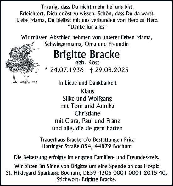 Traueranzeige von Brigitte Bracke von Tageszeitung