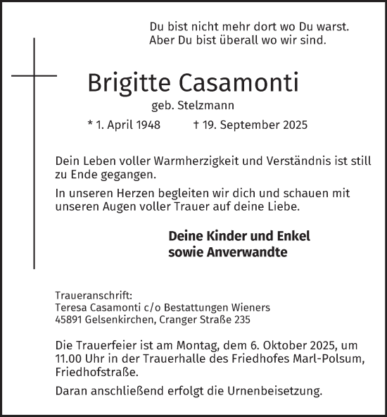 Traueranzeige von Brigitte Casamonti von Tageszeitung