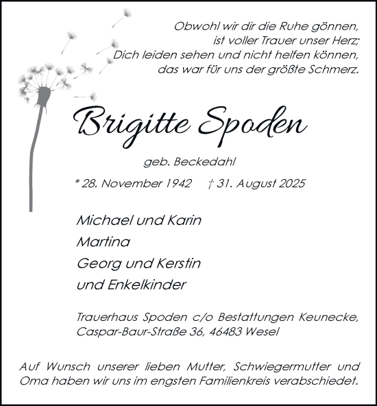Traueranzeige von Brigitte Spoden von Tageszeitung
