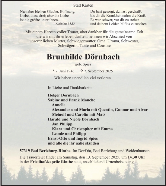 Traueranzeige von Brunhilde Dörnbach von Tageszeitung