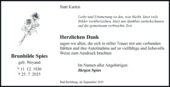 Traueranzeige von Brunhilde Spies von Tageszeitung