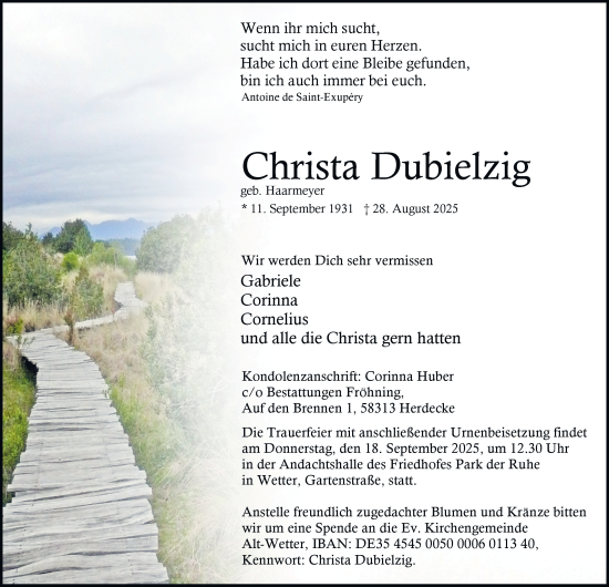 Traueranzeige von Christa Dubielzig von Tageszeitung