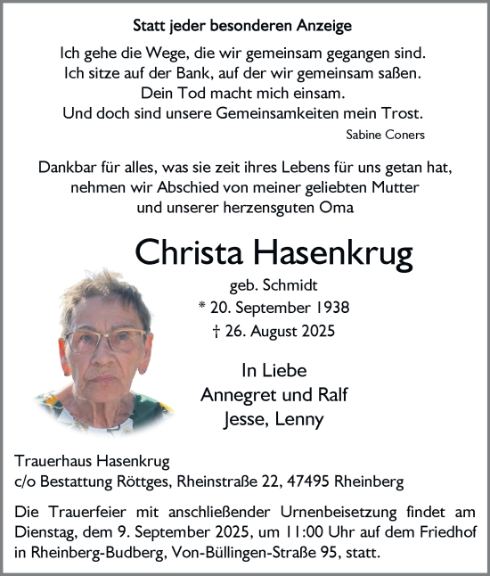 Traueranzeige von Christa Hasenkrug von Tageszeitung